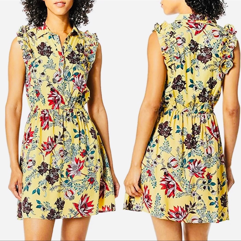 Angie Yellow Vibrant Tropical Floral Cinch Waist Collar Button Front Dress